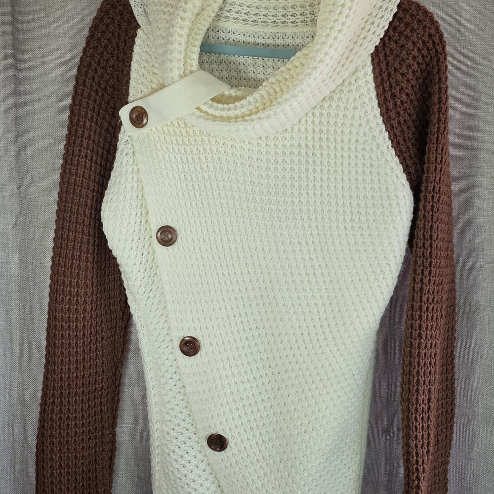 Button Cowl Neck Asymmetric Hem Wrap Pullover Sweater - Cream SZ XL 100% Acrylic